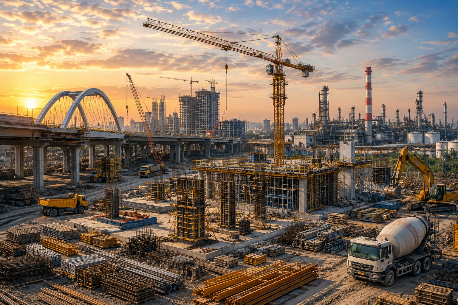 Construction site with cranes and workers