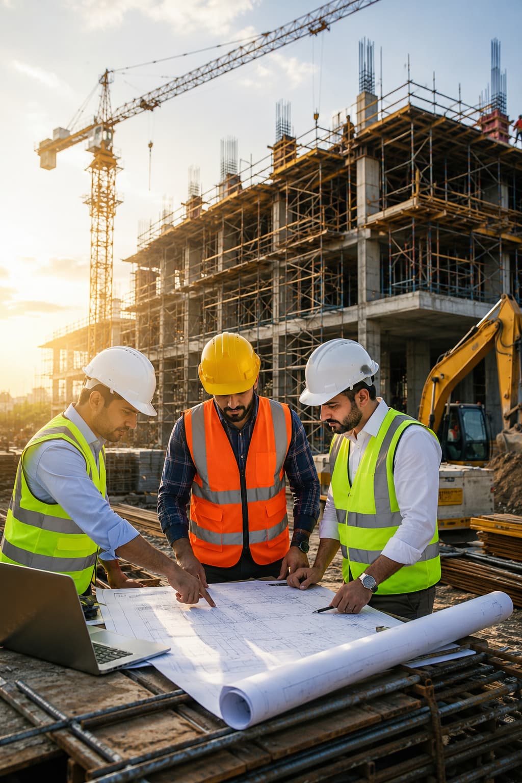 Civil engineers reviewing blueprints on site