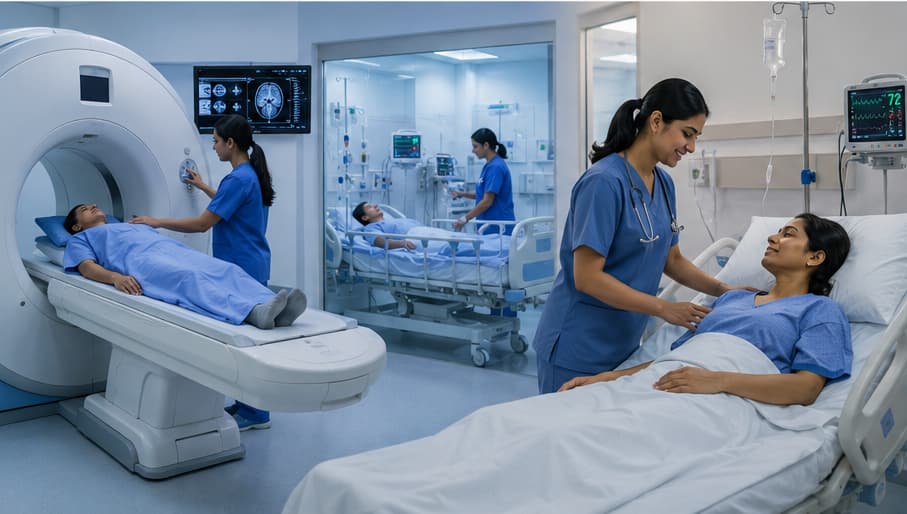 Doctors and nurses in a hospital corridor