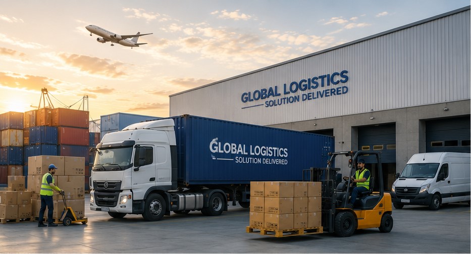 Large logistics warehouse with forklifts and cargo